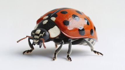 Naklejka premium small red ladybug with black spots crawls on white surface, showcasing its vibrant colors
