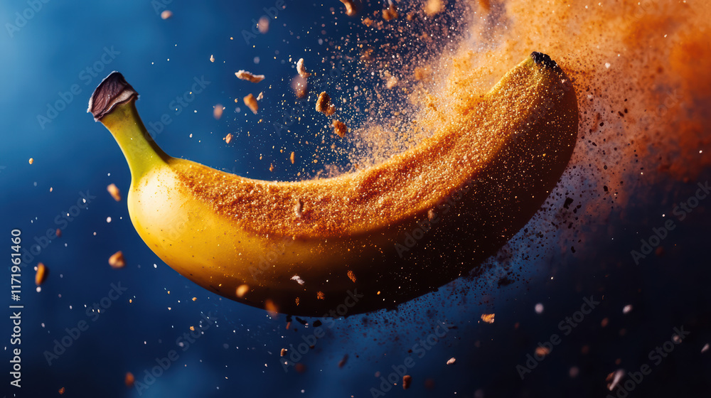 Poster vibrant banana surrounded by cloud of spice dust, creating dynamic and energetic scene. contrast of 