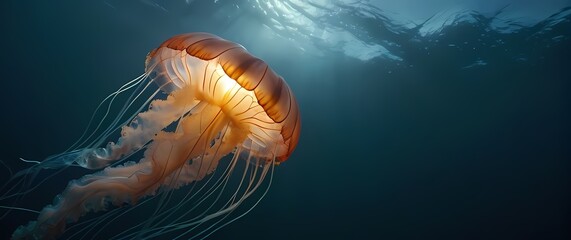 Captivating jellyfish floating gently through ocean currents illuminated by light