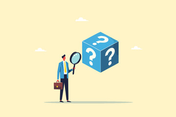 Examining Uncertainty, A Businessman Analyzes Question Mark Dice with a Magnifying Glass
