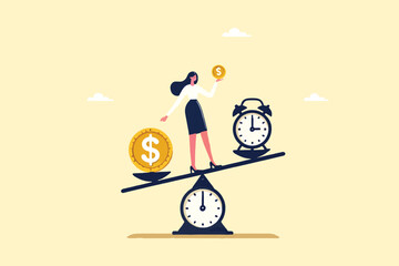 Balancing Act, A Cheerful Businesswoman Weighing Time and Money