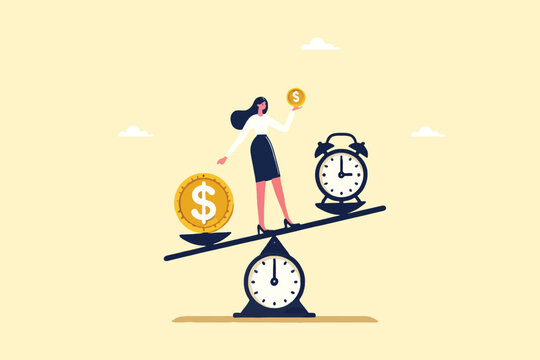 Balancing Act, A Cheerful Businesswoman Weighing Time and Money
