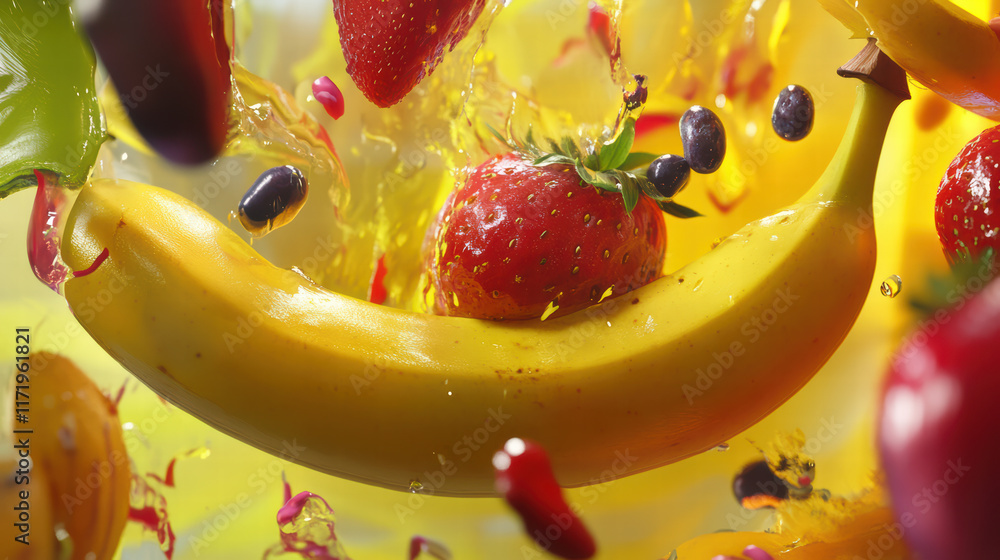 Poster vibrant close up of banana surrounded by splashes of colorful fruits, including strawberries and var
