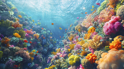 Naklejka premium vibrant underwater scene showcasing colorful coral reef teeming with life