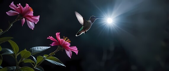 Captured motion of a hummingbird hovering near a blooming flower