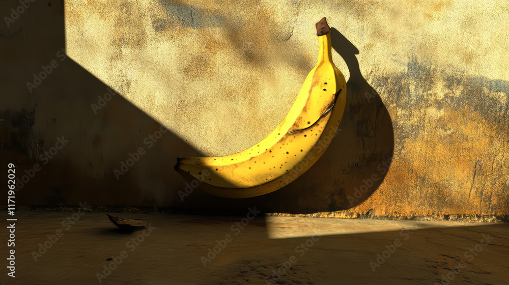 Poster close up of banana casting playful shadow against textured wall, creating interesting visual contras