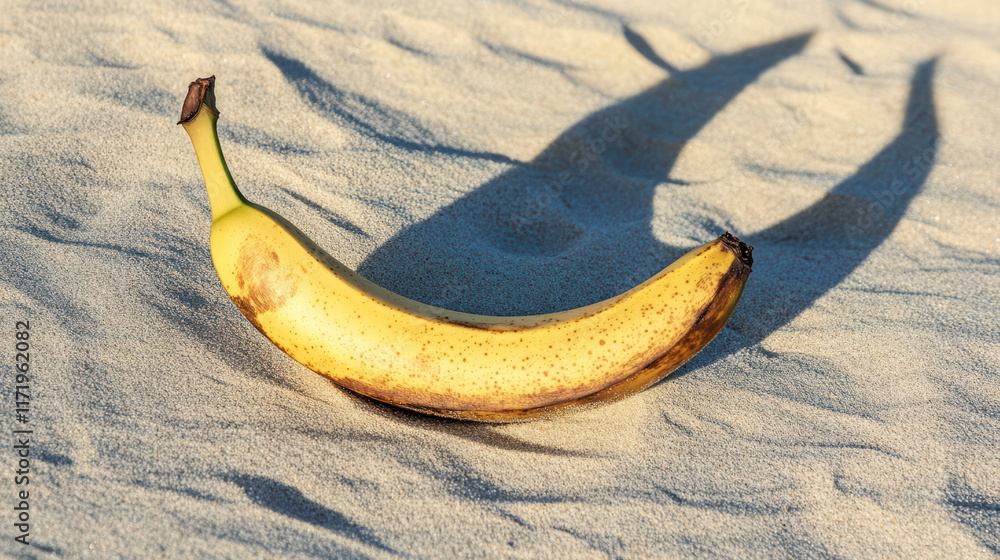 Poster close up of banana casting playful shadow on sandy ground, showcasing its vibrant yellow color and u