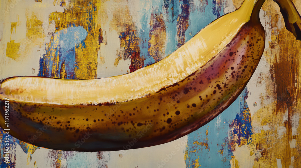Poster vibrant close up of banana against colorful abstract background, showcasing its unique texture and p