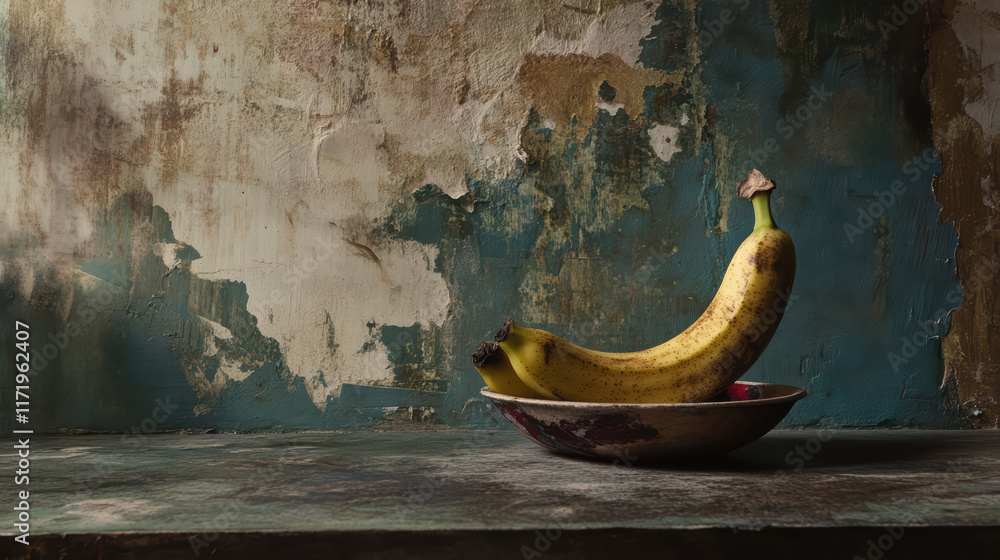 Poster close up of banana resting in rustic bowl on textured surface, surrounded by weathered wall. scene e