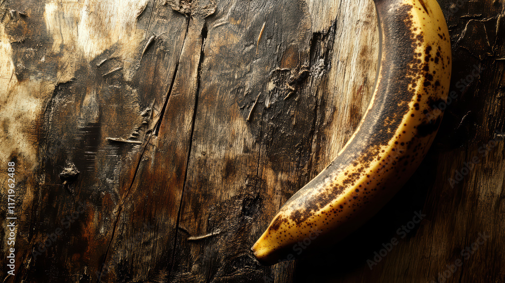 Poster close up of ripe banana resting on rustic wooden background, showcasing its unique texture and color