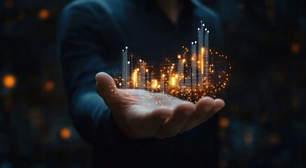 Businessman Presenting Investment Growth with Arrows and Percentages in Dramatic Lighting