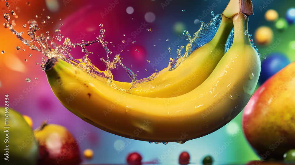 Poster fresh bananas splashing in water with vibrant colors in background create lively and energetic scene