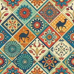 Colorful geometric patterns with floral motifs and camels in moroccan style design