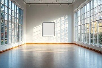 Minimalist modern art gallery with large windows high ceilings and white walls