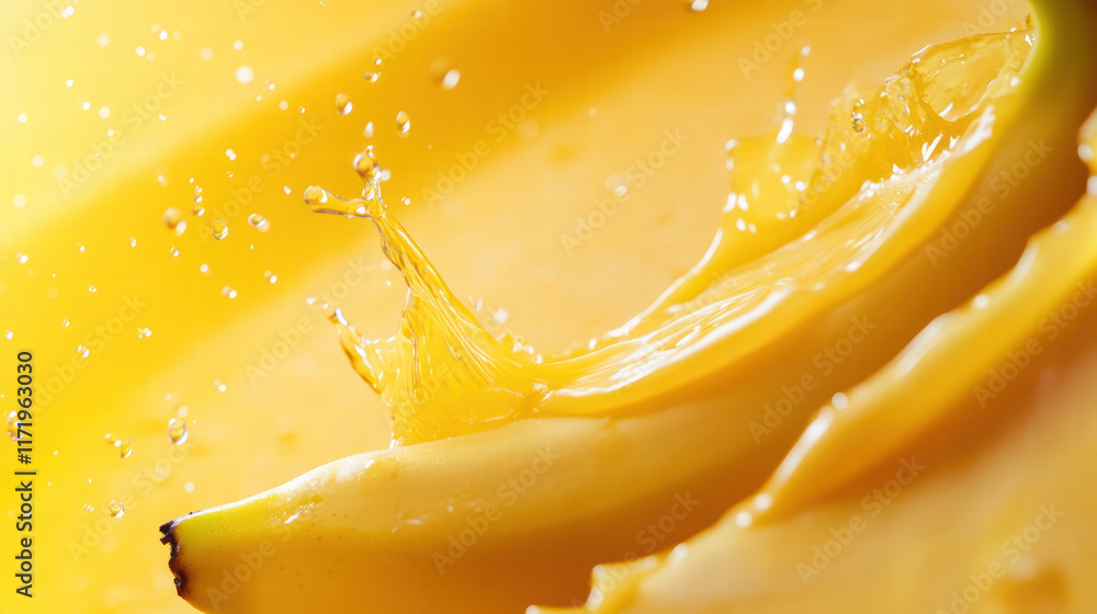 Poster close up of banana slice with splash of juice, showcasing vibrant yellow colors and droplets, creati