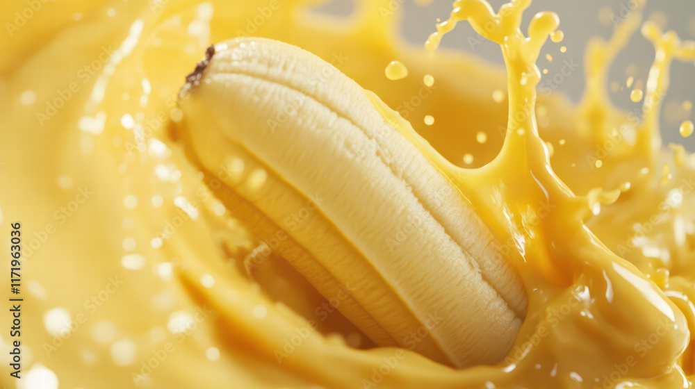 Poster close up of banana surrounded by splash of yellow juice, creating vibrant and dynamic scene that cap