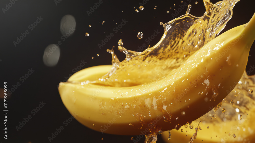 Poster close up of banana splashing in water, showcasing vibrant tropical vibes and freshness. dynamic move