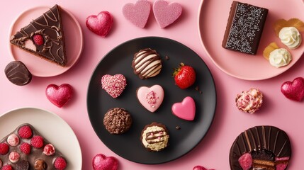 A delightful assortment of colorful desserts artfully arranged on a pink plate, perfect for celebrating love and indulgence this Valentine's Day.