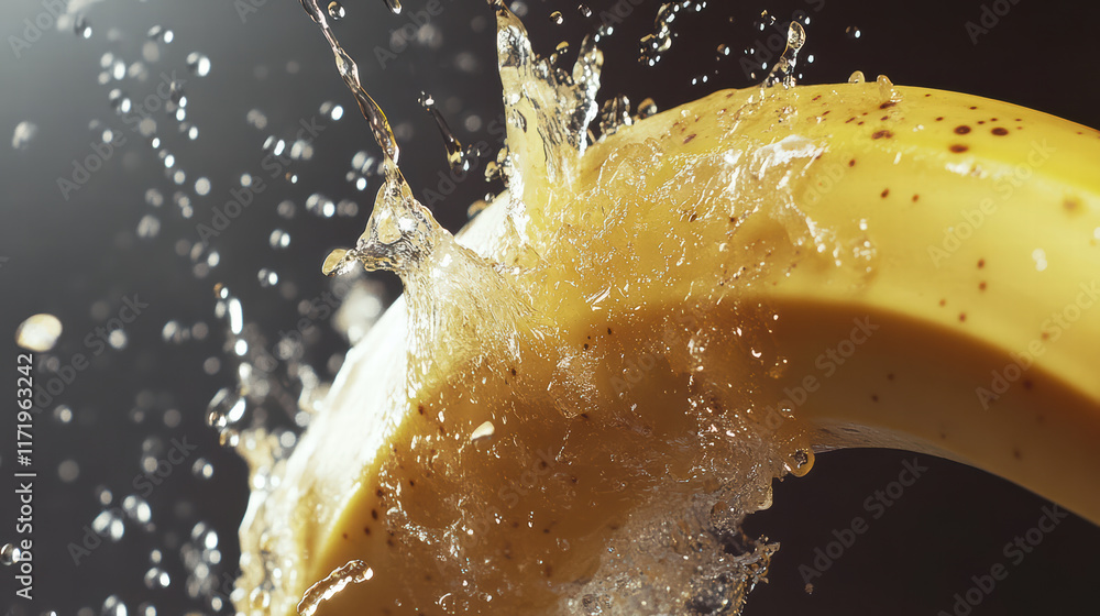 Poster close up of banana splashing in water, creating vibrant and tropical atmosphere. dynamic movement ca