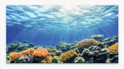 Naklejka premium Vibrant coral reefs under clear blue water with sun rays shining down