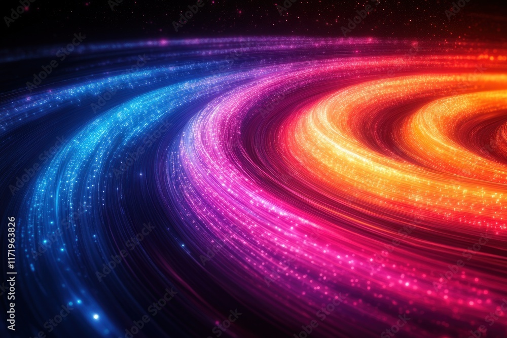Poster vibrant neon wave pattern in circular design on dark background for technology and big data concept