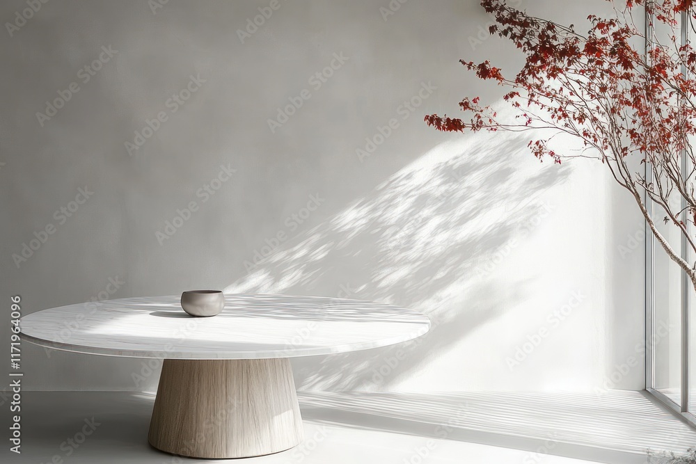 Poster Minimalist marble table with soft light shadows on grey wall for product mockup display