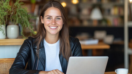 Australian woman in black leather jacket working with a laptop at library cafe