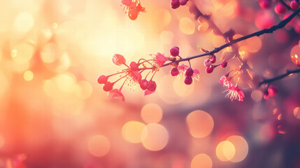 Fototapeta premium Close up of cherry blossoms with dreamy bokeh effect, creating soft and vibrant atmosphere. delicate petals and warm colors evoke sense of tranquility and beauty