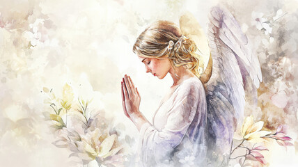 A detailed watercolor painting of an angel kneeling in prayer with folded wings, enveloped in ethereal light and adorned with delicate floral accents, creating a serene and divine atmosphere.