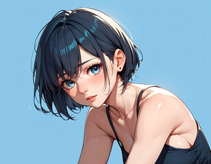 Naklejka premium A shy anime girl with black short hair on a pale blue backdrop. 