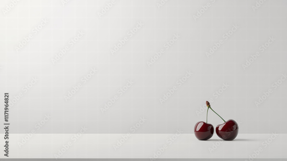 Poster close up of glossy cherries on minimalistic surface, perfect for text. vibrant red color and smooth 