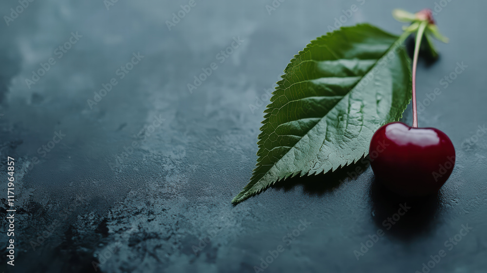 Poster close up of cherry with green leaf on dark surface, perfect for text overlay. vibrant colors and tex