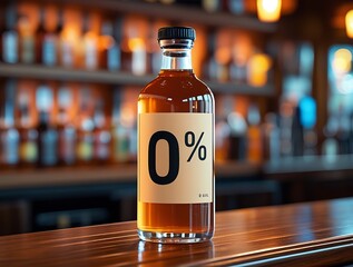 Non-alcoholic beverage bottle on a rustic bar counter with blurred background showcasing drink options promoting healthy lifestyle choices and alcohol-free alternatives for social occasions and person