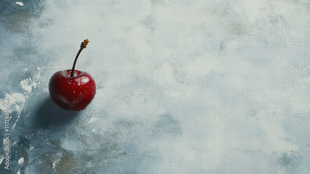 Poster close up of cherry resting on textured blue background evokes sense of nostalgia and simplicity. vib