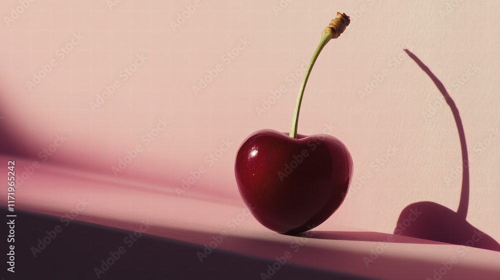 Poster close up of cherry casting delicate shadow, showcasing its rich red color and smooth texture against