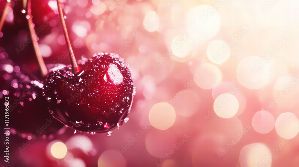 Poster close up of cherries with hint of sparkle, showcasing their vibrant color and texture against dreamy