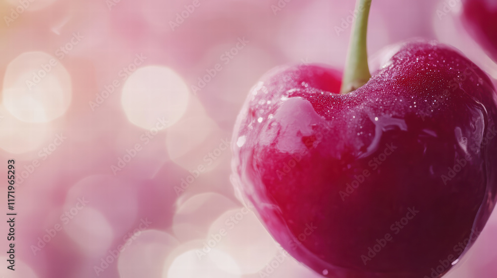 Poster close up of cherry with hint of sparkle, showcasing its vibrant color and texture. soft background a