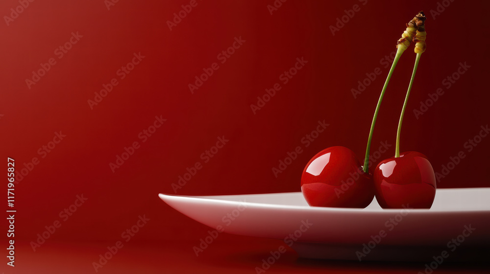 Poster close up of cherries on white plate against red background, showcasing their vibrant color and gloss