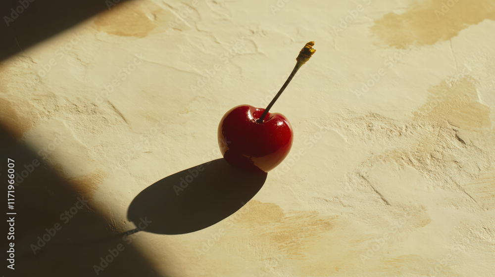 Poster close up of vibrant cherry casting playful shadow on textured surface, creating striking visual cont