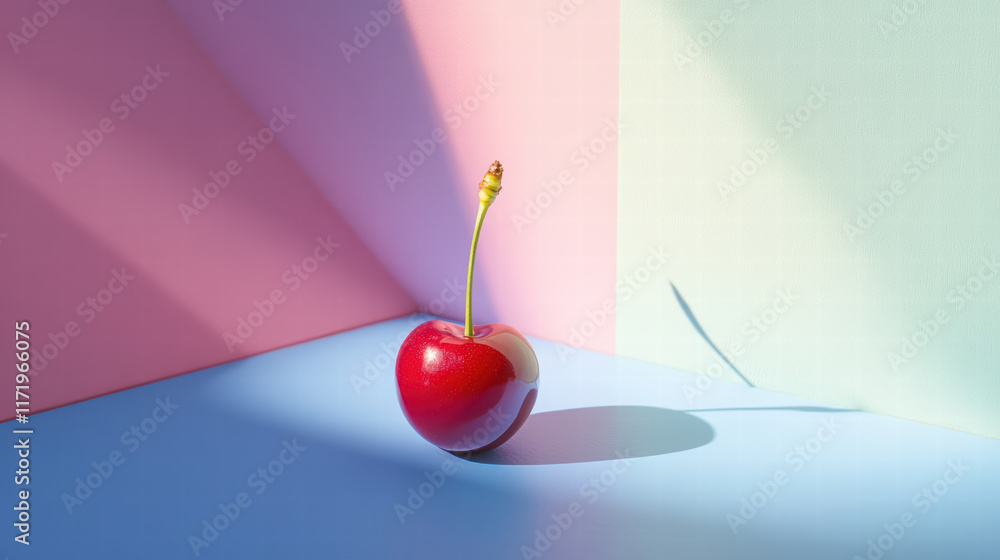 Poster close up of cherry with playful shadow on colorful background, showcasing vibrant colors and texture