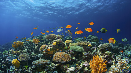 Naklejka premium Vibrant coral reefs with colorful fish swimming in clear blue water