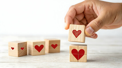 Hand Placing Wooden Blocks with Heart Symbol on White Tabletop