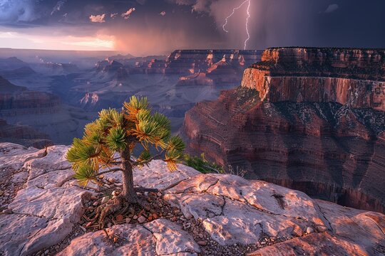 Dramatic lightning storm over grand canyon nature landscape photography evening twilight scenic viewpoint natural beauty - Powered by Adobe