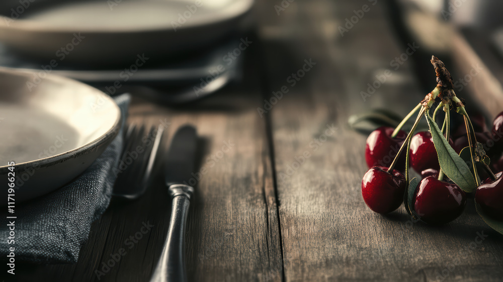 Poster close up of fresh cherries on rustic wooden table setting with plates and cutlery. warm tones create