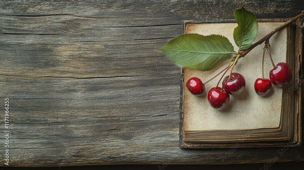 Poster close up of cherries on old book, showcasing rustic charm and natural beauty. perfect for adding tou