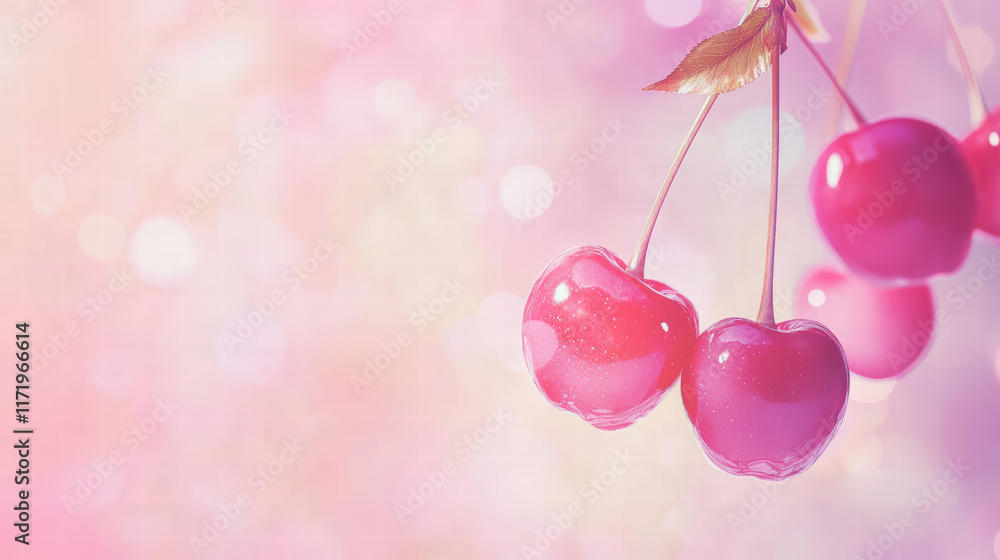 Poster close up of cherries with soft gradient background, showcasing their vibrant color and glossy textur