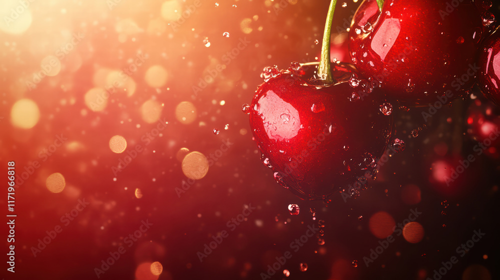 Poster close up of cherries with water droplets, creating vibrant and refreshing scene. rich red color and 