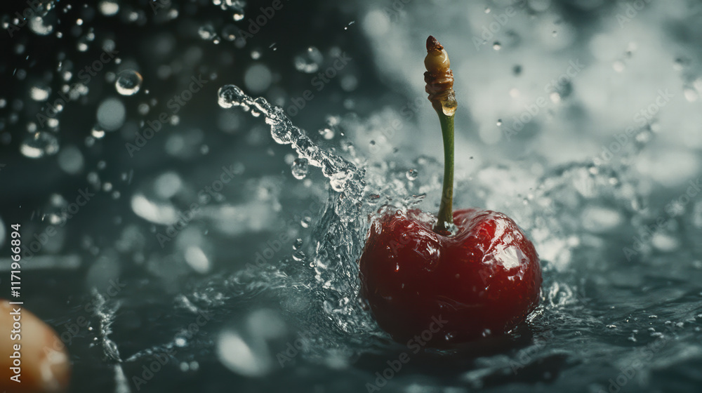 Poster close up of cherry splashing in water, creating dynamic droplets and refreshing atmosphere. vibrant 
