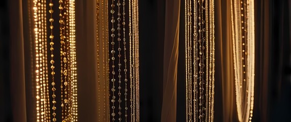 Closeup of intricate beadwork displayed on a beaded curtain in soft light