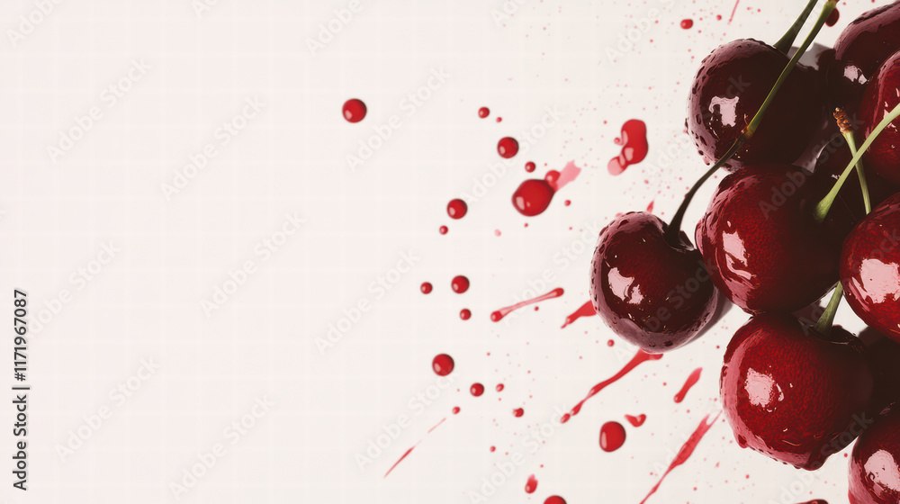 Poster fresh cherries with vibrant red splashes create dynamic and artistic composition. glossy surface of 